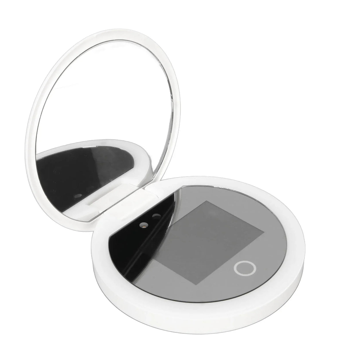 Blushimmer UV mirror sunscreen testing camera with light, 2x magnification, travel-sized pocket makeup mirror in a 3.5-inch compact