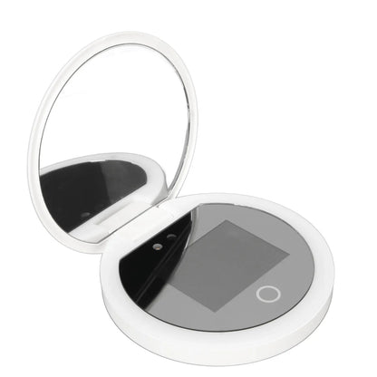 Blushimmer UV mirror sunscreen testing camera with light, 2x magnification, travel-sized pocket makeup mirror in a 3.5-inch compact