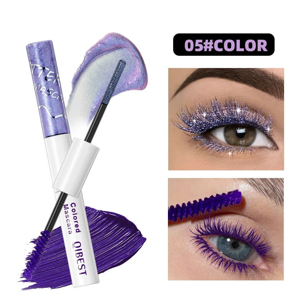 Blushimmer Qibest double-ended diamond glitter waterproof 4D fiber mascara with volumizing and lengthening brush applicators.