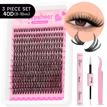 Blushimmer WOSHEER Lash Clusters Kit with spiky eyelash extension clusters and volume individual lashes for DIY lash extensions.