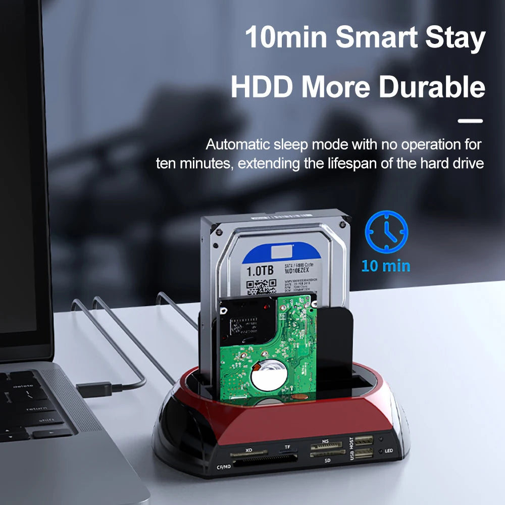 10 IN 1 IDE SATA USB3.0 Dual Bay External Hard Disk Drive 2.5 inch 3.5 inch HDD Docking Station One Touch Backup HUB Card Reader