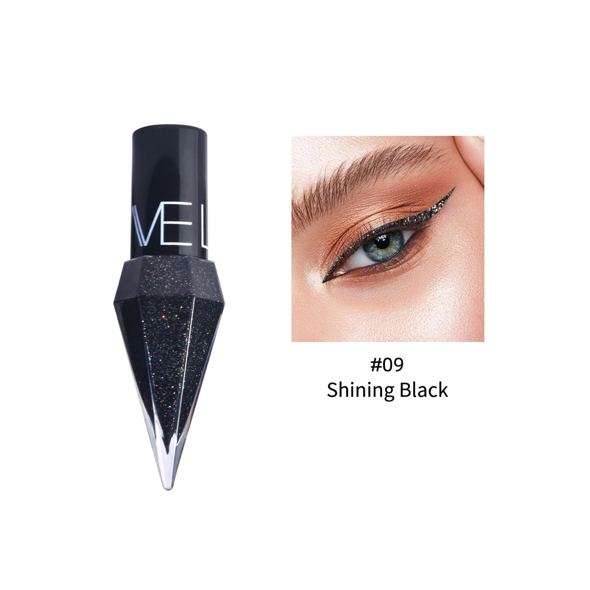 Blushimmer Diamond Sparkling Liquid Eyeliner, waterproof and quick-drying, shown in sleek black with shimmering glitter finish.
