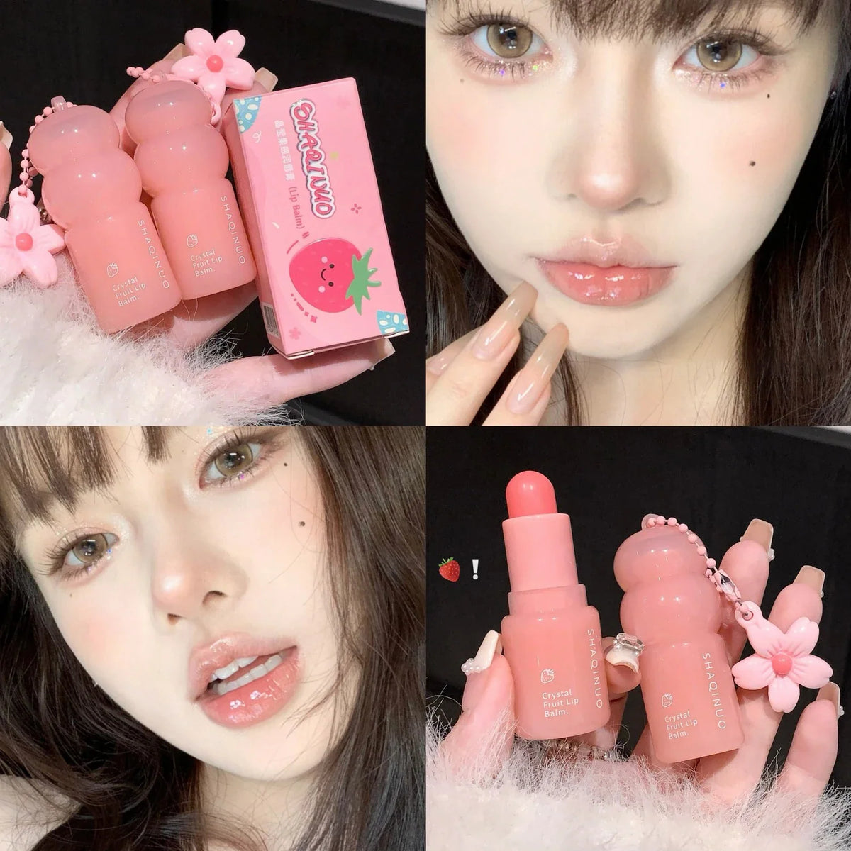Blushimmer Crystal Strawberry Lip Balm stick with key chain, moisturizing lip care, color-changing and hydrating for soft lips.