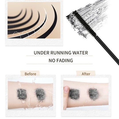 Blushimmer O‘cheal black mascara with 3D silk brush, showcasing curled, lengthened eyelashes on a model for beauty makeup.