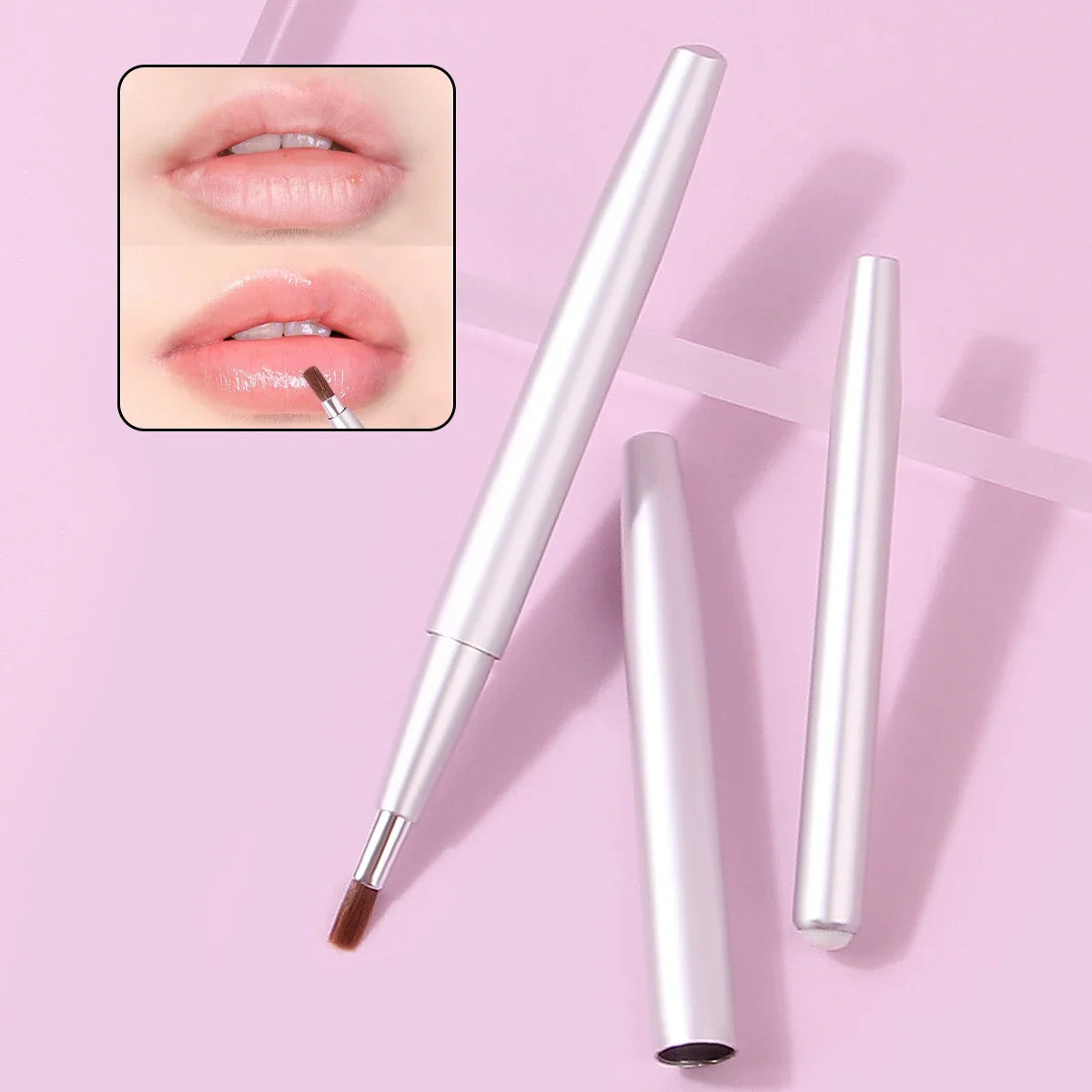 Blushimmer 2-piece telescopic lip brush set with round head, portable design, ideal for lip liner and makeup application.