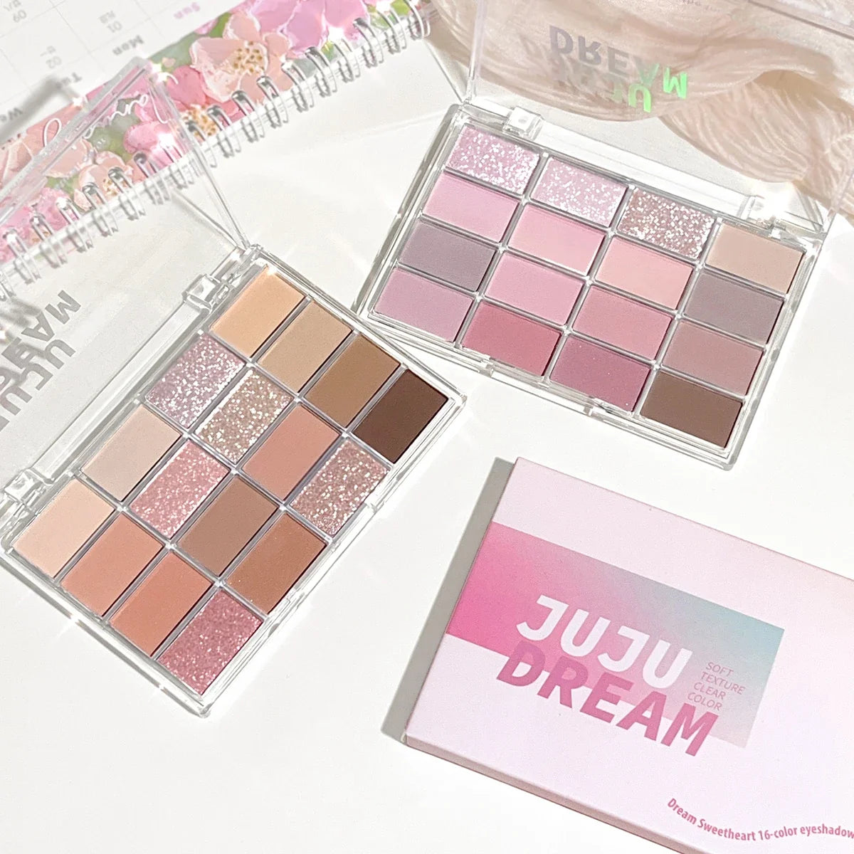 Blushimmer 16-color eyeshadow palette with pearlescent and matte shades, featuring earth tones for daily makeup looks.