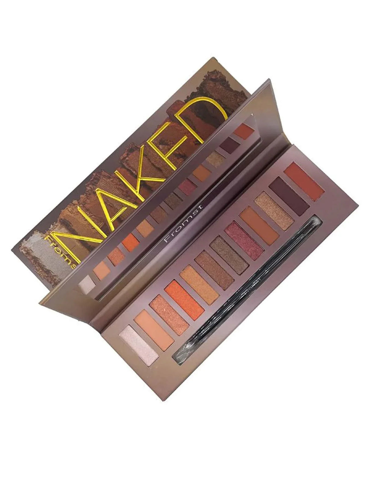 Blushimmer 12-color eyeshadow palette with pearlescent shimmer shades, waterproof formula, showcasing vibrant eyeshadow pans.