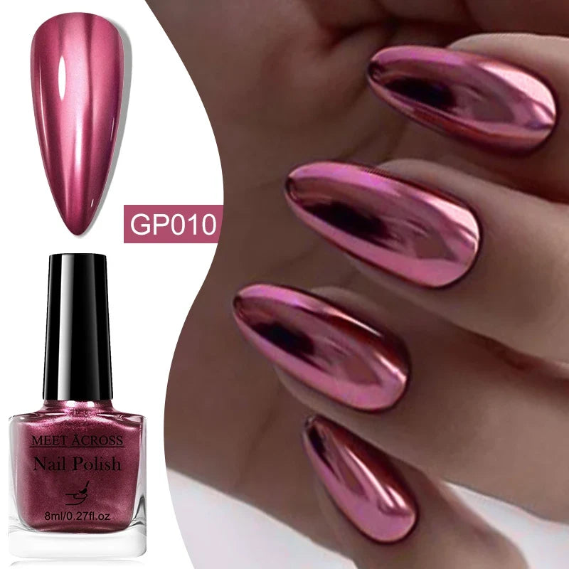 Blushimmer 8ml mirror metallic nail polish bottle with shiny, reflective finish, ideal for long-lasting, air-dry manicure designs.