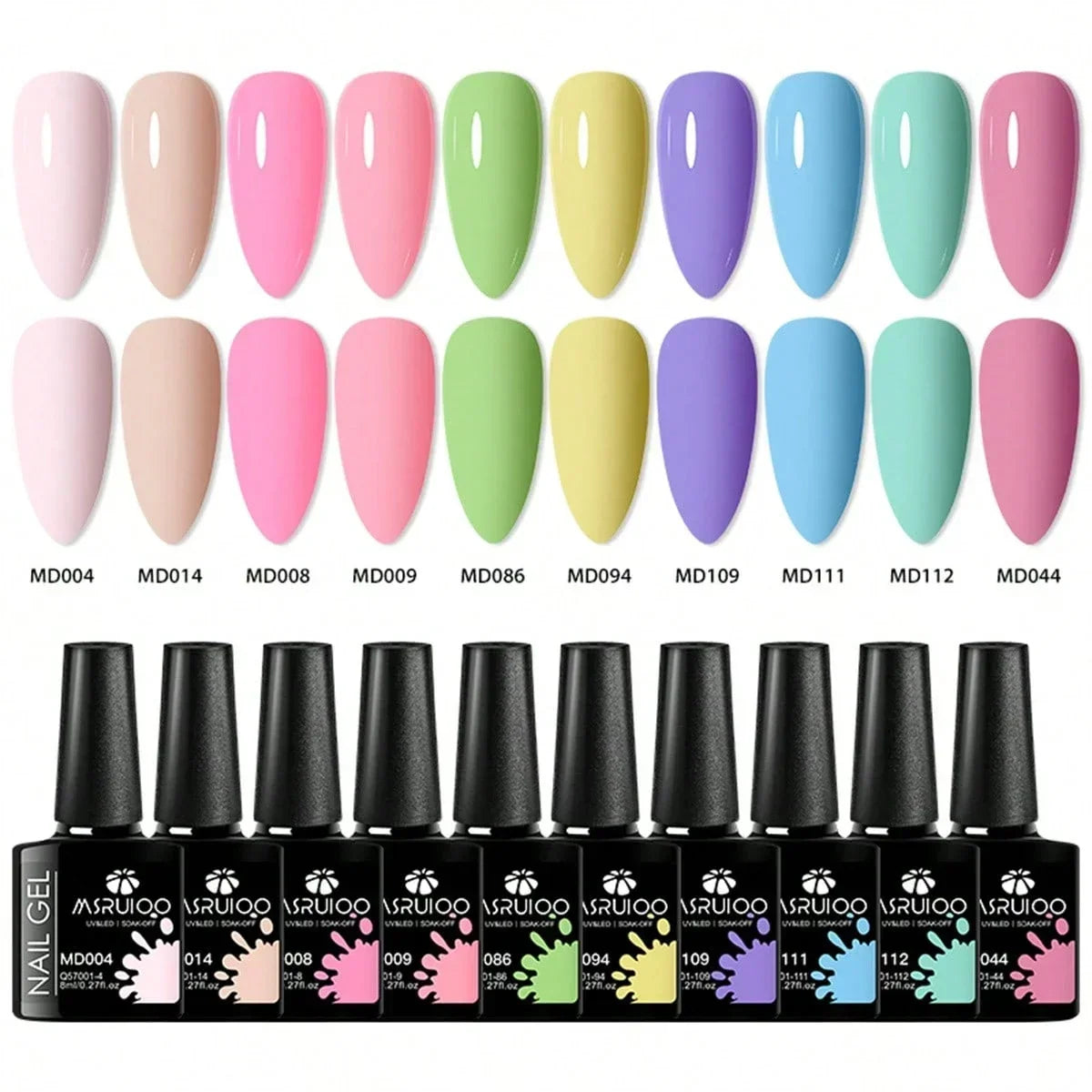 Blushimmer 10-piece HEMA-free gel nail polish set with vibrant shades for all-season DIY manicures, long-lasting hybrid gel finish.