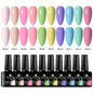 Blushimmer 10-piece HEMA-free gel nail polish set with vibrant shades for all-season DIY manicures, long-lasting hybrid gel finish.