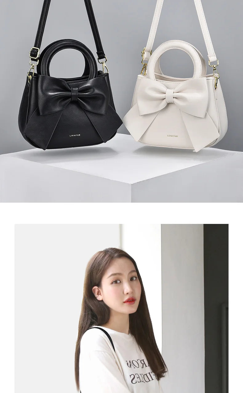 Fashion Casual Handbags For Women Cute Bow Black White Blue Kahki PU Handbags Trendy Daily Shoulder Underarm Bags bolsa feminina