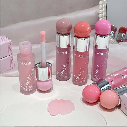Blushimmer liquid blush in nude pink, water-light jelly texture, highlighting cheeks with cool warm tones for natural Korean makeup style.