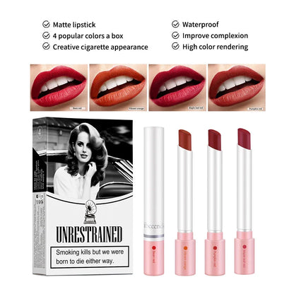 Blushimmer cigarette lip gloss set with four matte, waterproof, long-lasting lipstick shades in velvet finish for women.