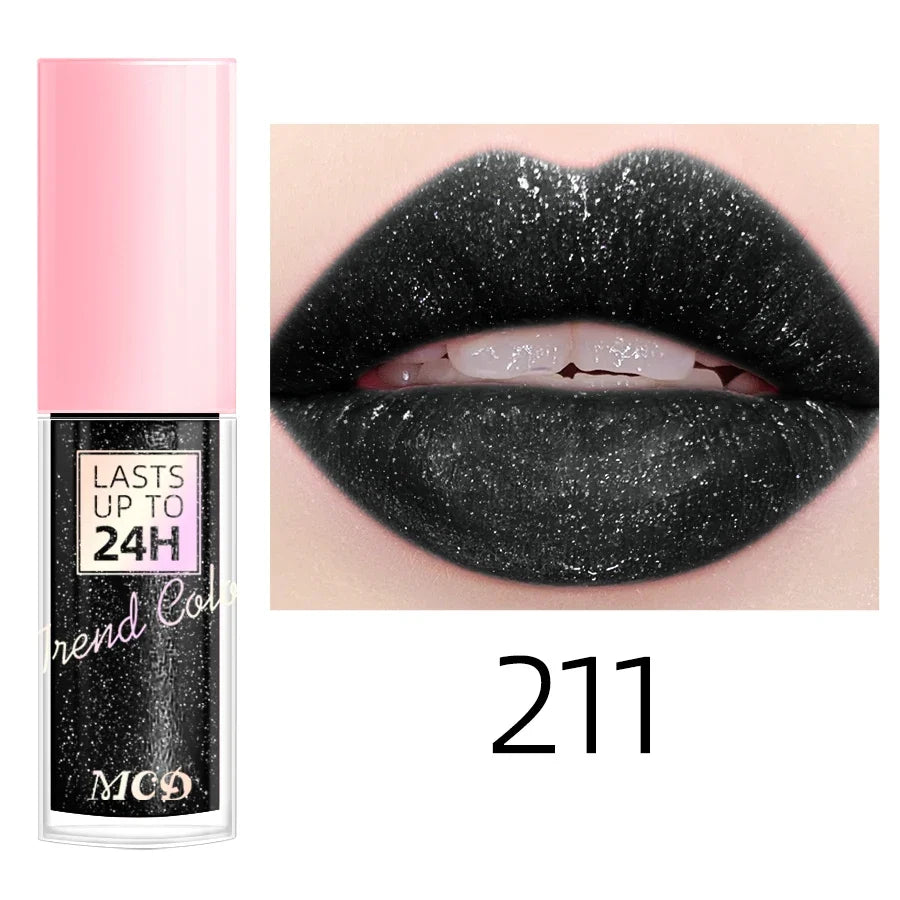 Blushimmer 18-color glitter lip gloss with long-lasting, waterproof liquid formula and moisturizing lip balm in a sleek tube.