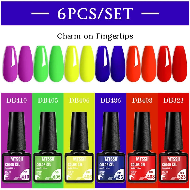 Set of six Blushimmer MTSSII sparkly red gel nail polishes with shiny finish, ideal for LED UV nail art and manicure supplies.