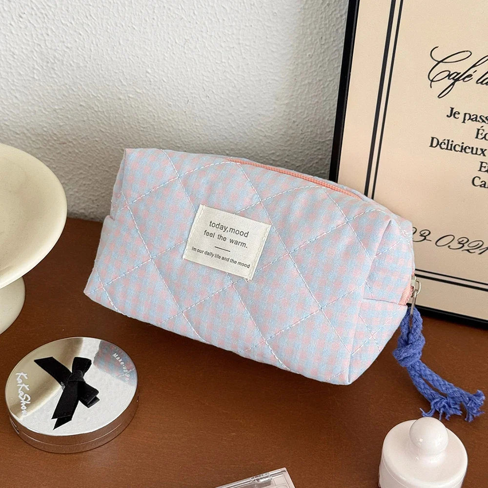 Pink Blushimmer Airfriend makeup bag with soft fabric, girl’s cosmetic and toiletry organizer for travel and daily use.