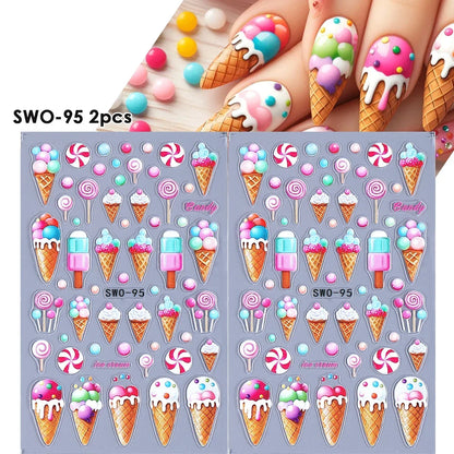 Colorful Blushimmer Sweet Element nail art stickers featuring flowers, hearts, cherries, butterflies, and bows for kawaii manicures.