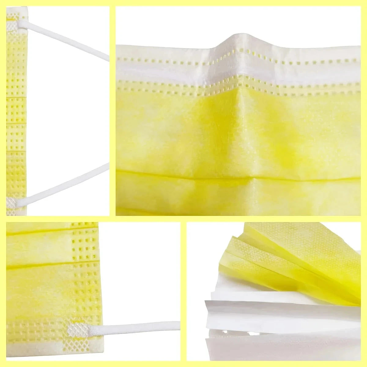 200 yellow disposable protective masks with adjustable ear loops and snug nose pads, breathable and 3-layer thickened for comfort.