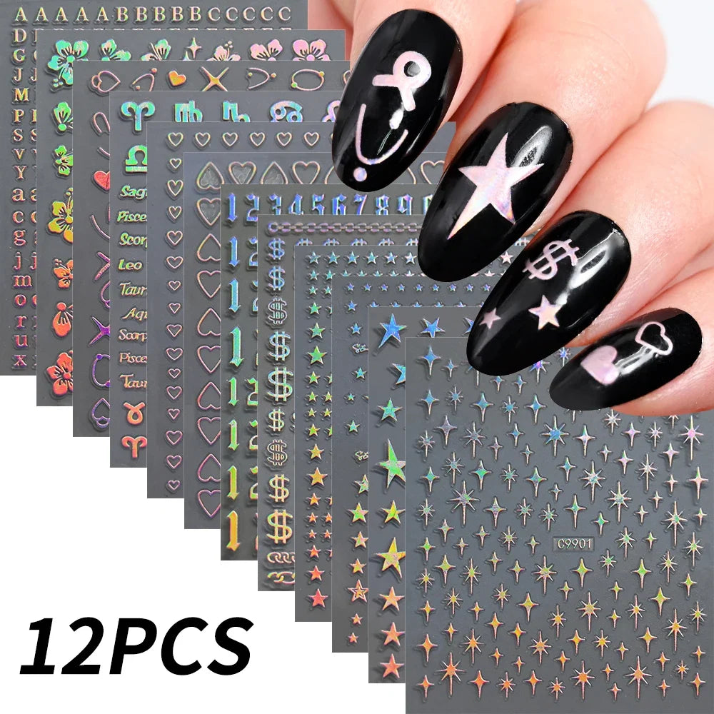 12pcs Blushimmer bronzing laser star nail stickers with 3D alphabet, heart, flower designs for DIY gradient manicures.