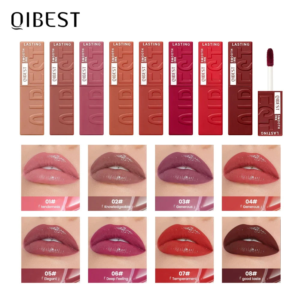 Blushimmer QIBEST 8-color watery lip gloss with long-lasting, waterproof, moisturizing liquid lipstick in mirror finish.