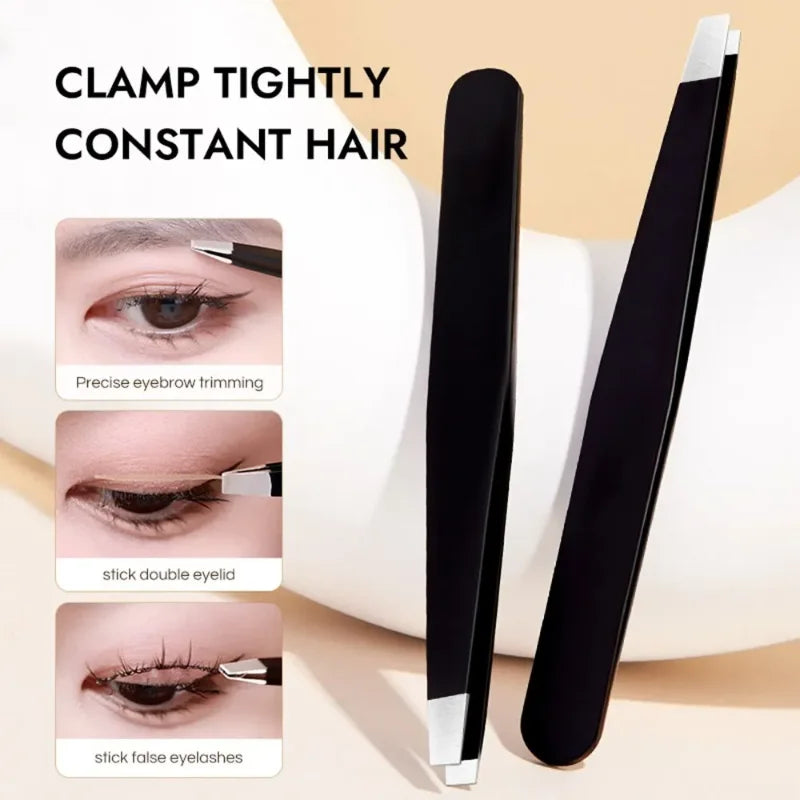 Black stainless steel eyebrow tweezer by Blushimmer with slant and flat tips for precise eyebrow shaping and ingrown hair removal.