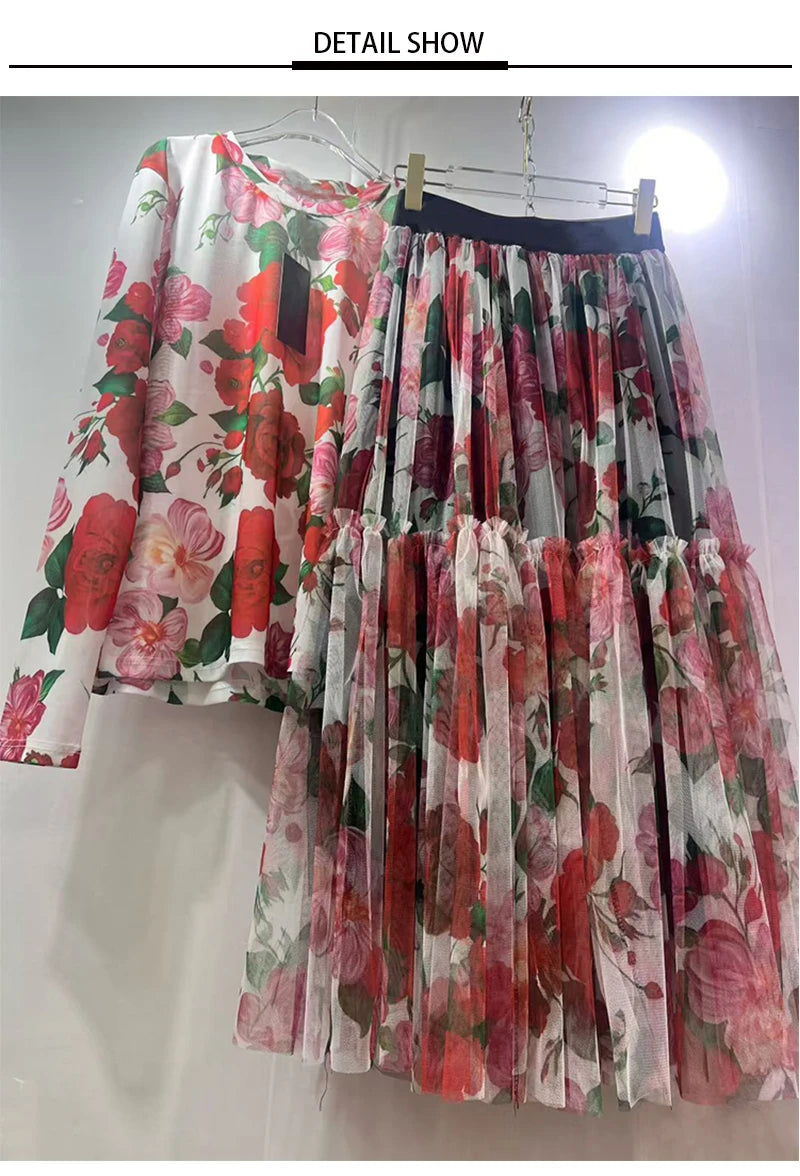 Retro mesh elastic long-sleeved top spring and summer new elastic waist big swing skirt fashion print women's two-piece dress