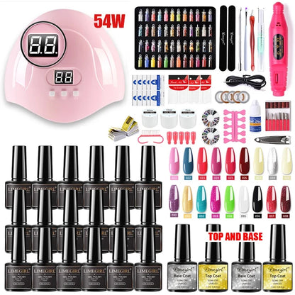 Blushimmer Limegirl nail gel tools kit with 54W UV lamp, nail drill, and 18/12/7 color gel nail polishes in a comprehensive nail art set.