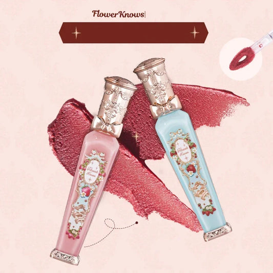 Blushimmer Flower Know Strawberry Rococo cloud liquid lipstick in milk tea shade, long-lasting matte lip gloss with cream finish.