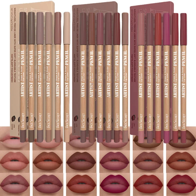 Six-blade Blushimmer Face Secret Lip Liner Pencil set in brown shades, ultra-fine, waterproof, matte velvet finish, long-lasting.