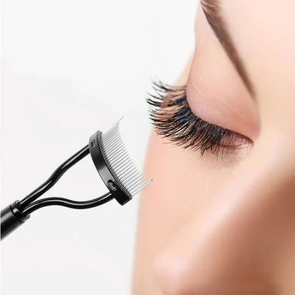 Blushimmer metal eyelash separator and curler with straight teeth, stainless steel lash brush and mascara curling tool.