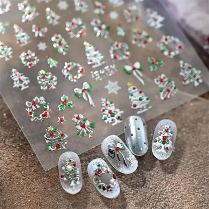 Silver snowflake Christmas nail stickers by Blushimmer with self-adhesive metal decals for winter nail art and holiday manicures.