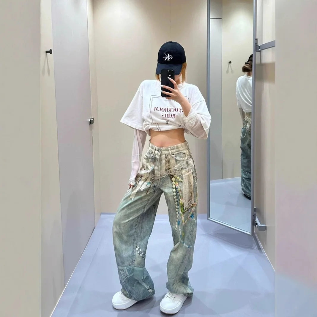 Fashionable Niche 3D Printed Lace Pearl Print Chain Straight Long Pants for Women, Fashion Denim Trousers, Street Jeans Ladies
