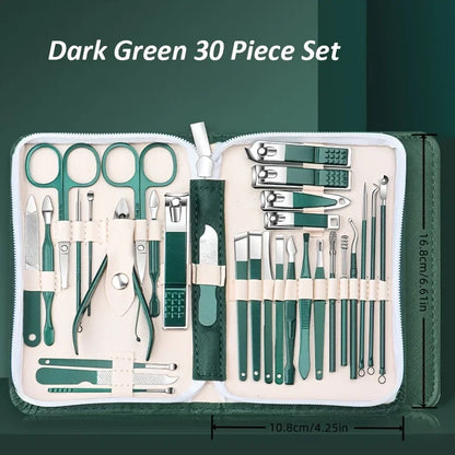 Portable Blushimmer stainless steel manicure set with nail clippers, scissors, and trimming tools for professional finger care.