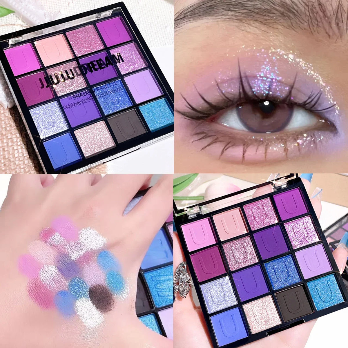 Red eyeshadow tray with 16 purple, glitter, pearl, and matte shades from Blushimmer, Korean eye makeup collection