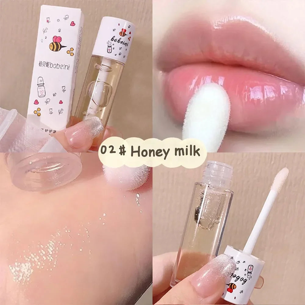 Blushimmer Peach Milk Lip Oil and Bee Lip Balm set with moisturizing and hydrating lip care products in sleek tubes.