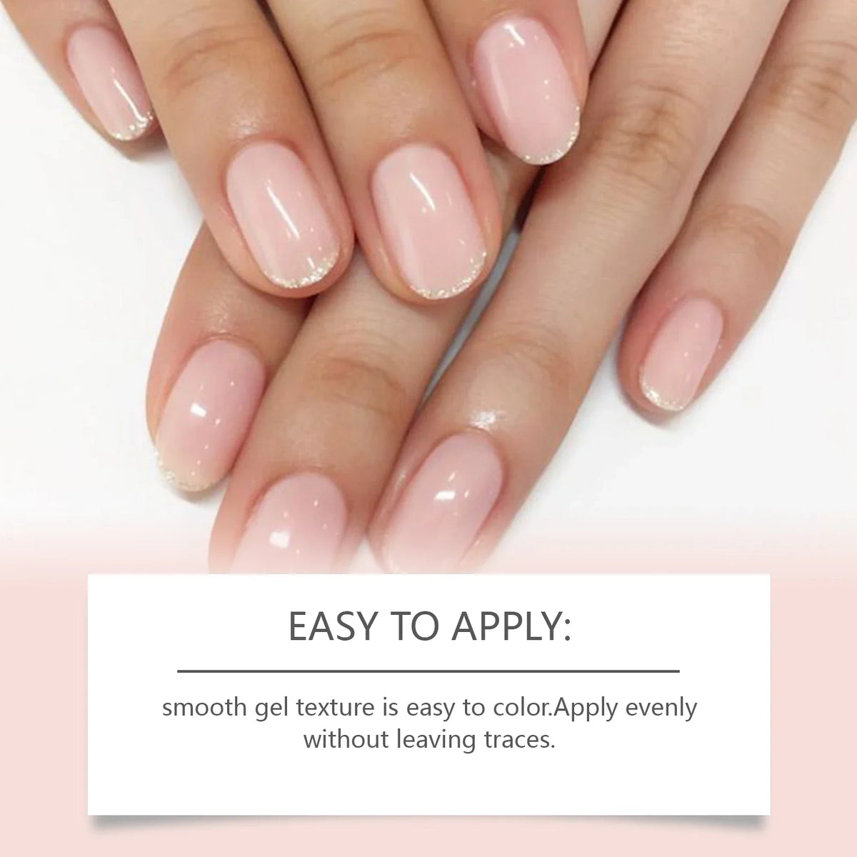 Blushimmer Jelly Nail Polish in transparent pink with fine glitter, water-based formula, perfect for autumn and winter nail looks