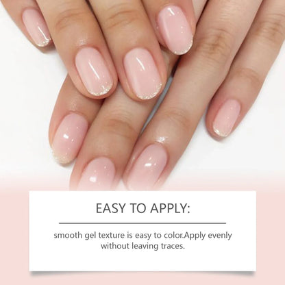 Blushimmer Jelly Nail Polish in transparent pink with fine glitter, water-based formula, perfect for autumn and winter nail looks