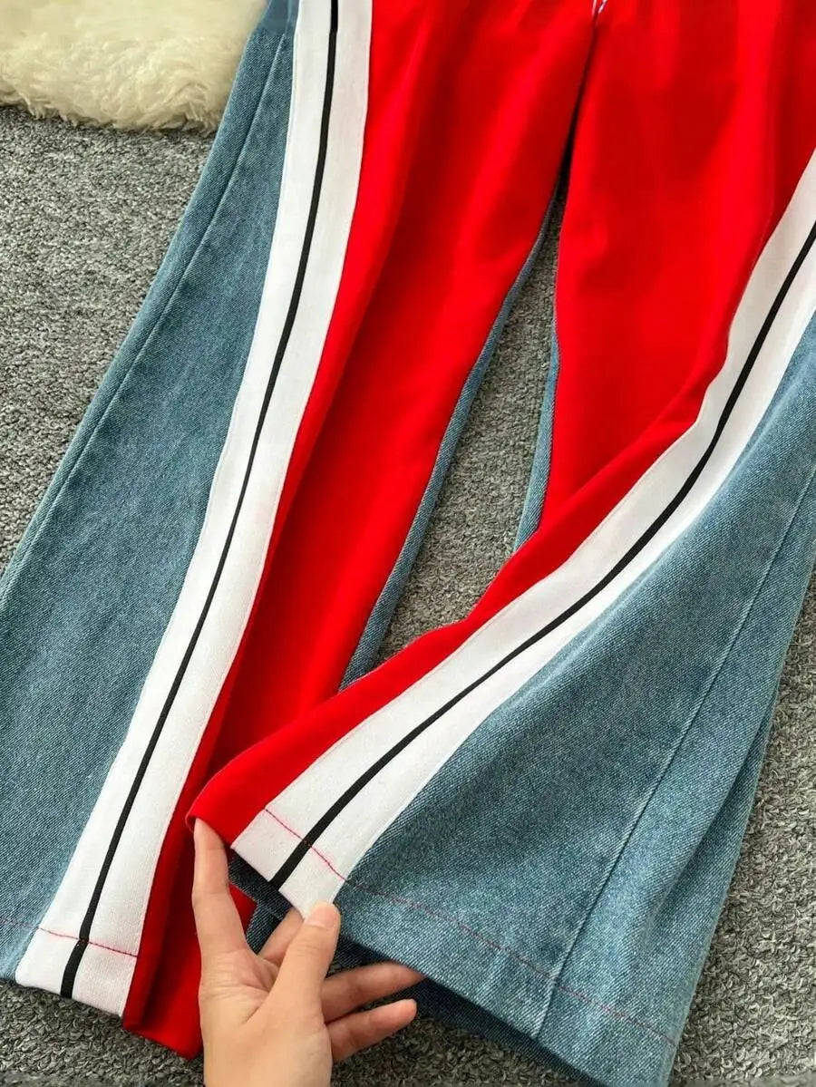 BWQ Women's Denim Patchwork Co-Ord Set - Matching Jeans Set With Color Block Design | Long Sleeve Tracksuit & Contrast Stitching