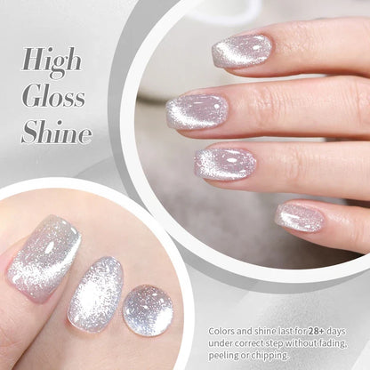 Silver shining reflective cat magnetic gel nail polish by Blushimmer with crystal glitter, UV and LED soak-off nail art varnish