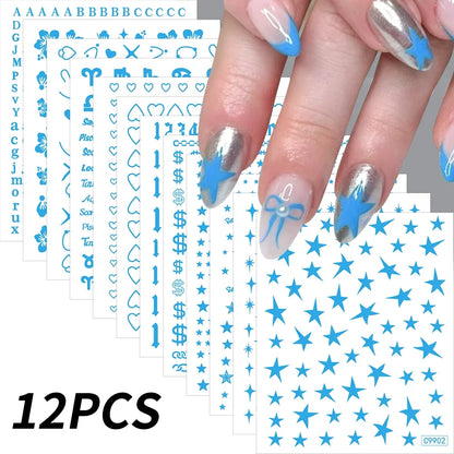 12pcs Blushimmer bronzing laser star nail stickers with 3D alphabet, heart, and flower designs for DIY gradient manicure decor.