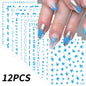 12pcs Blushimmer bronzing laser star nail stickers with 3D alphabet, heart, and flower designs for DIY gradient manicure decor.