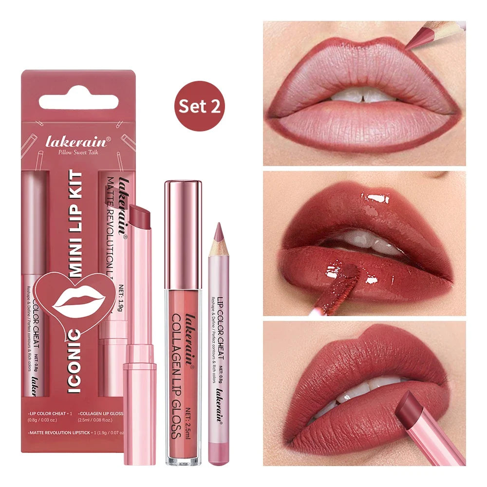 Blushimmer 3-piece lip makeup set includes waterproof lipliner, lipstick, and lip gloss in matte finishes, travel-size cosmetics.