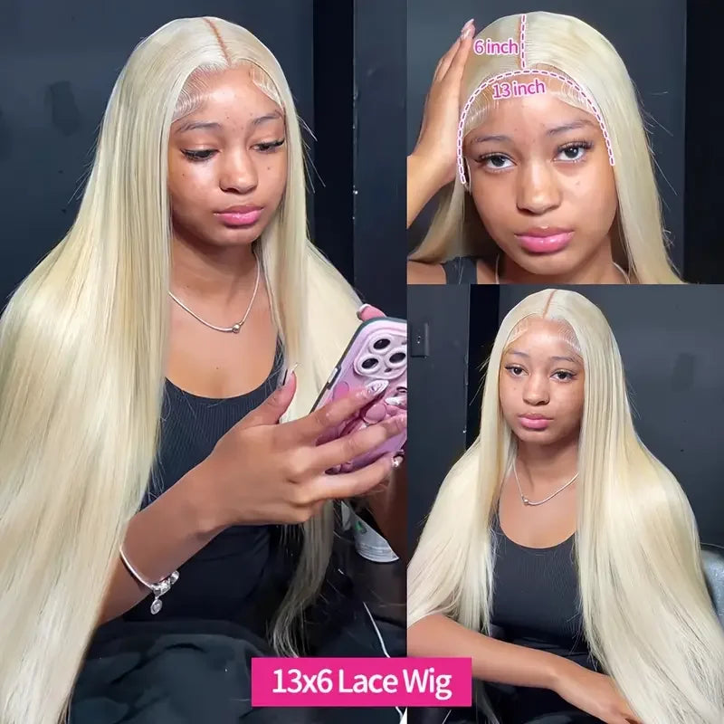 40-inch straight blonde human hair lace front wig with 13x6 transparent lace, pre-plucked, Selvanelle blonde 613 wig on a mannequin head