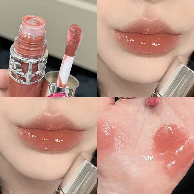 Blushimmer transparent moisturizing lip gloss with a mirror, showing a shiny, tinted lip glaze and crystal lip oil on lips.