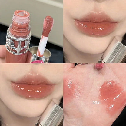 Blushimmer transparent moisturizing lip gloss with a mirror, showing a shiny, tinted lip glaze and crystal lip oil on lips.