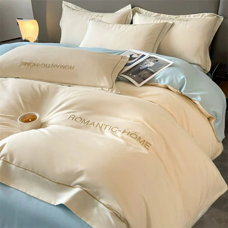 1 Set Cotton Bedding Set with Duvet Cover Bed Sheet Pillowcase Luxury  Bedsheet Solid Color King Queen Full Twin Size