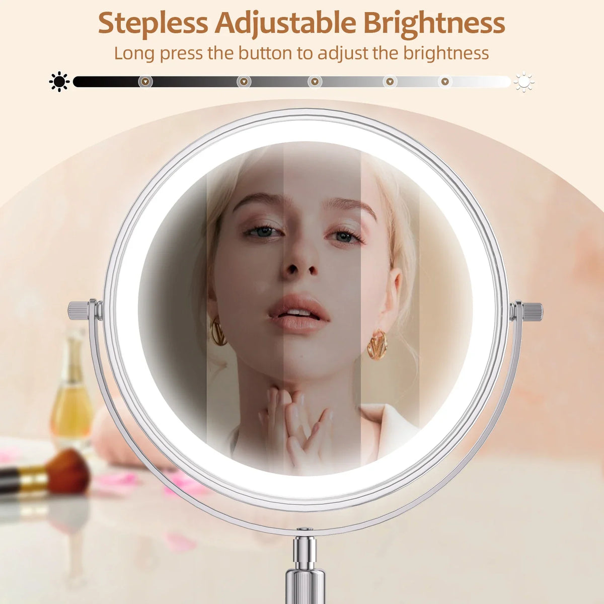 Blushimmer 8-inch makeup mirror with light lamp, 10x magnification, adjustable brightness, three color lights, and height adjustment