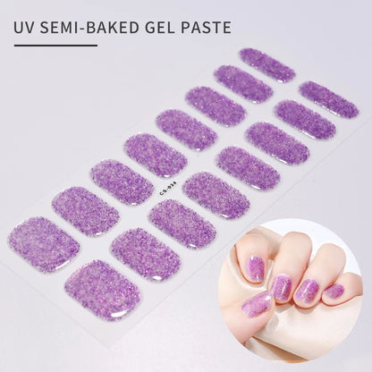 Blushimmer 16Tips glitter semi-cured UV gel stickers featuring 3D French gradient design with shiny glitter powder for full cover nail decoration.
