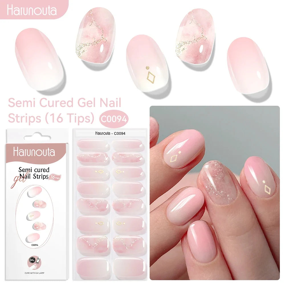 Blushimmer Harunouta 16-strip gradient red marble gel nail strips with gold lines, semi-cured DIY gel polish stickers for UV/LED nails.