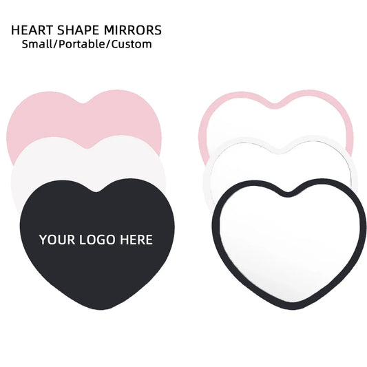 Small portable heart-shaped mirror by Blushimmer, ideal wedding bridesmaid gift, custom logo, salon, or small business souvenir.